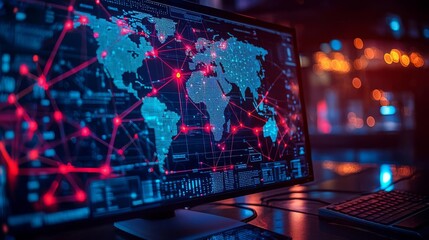 Hybrid work  collaboration  leadership A digital network map on a monitor