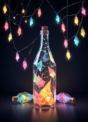 Colorful glass bottle filled with string lights, creating a vibrant and whimsical visual effect against a dark background