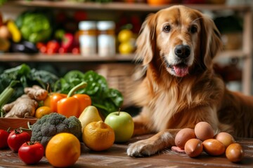 Charming golden retriever sits among colorful fruits and vegetables in a cozy kitchen setting
