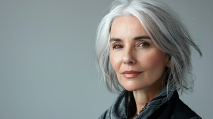 Fototapeta premium Middle-aged model with a classic yet modern haircut, posing for a professional photo shoot.