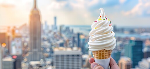 Close up of a soft serve ice cream cone held in front of a view of the New York City skyline, including the Empire State Building. The ice cream cone is topped with colorful sprinkles.