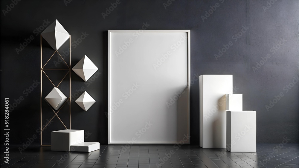 Poster abstract white shapes on a black canvas: a symphony of geometric forms generative ai