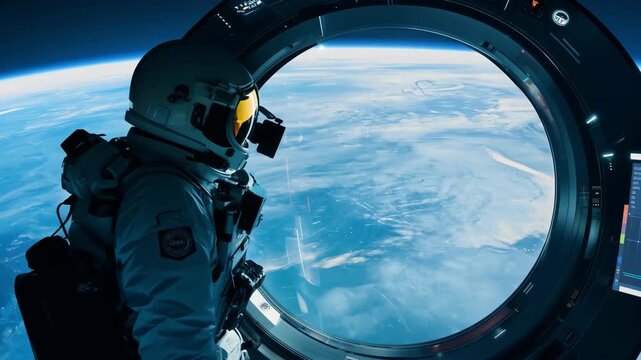 Astronaut Gazes At Earth From Space Station Window