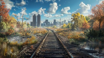 Fototapeta premium Abandoned railway tracks leading to a city skyline surrounded by autumn trees under a blue sky