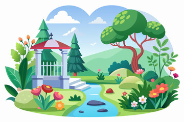 A Quaint Gazebo in a Lush Green Landscape with a Winding Stream