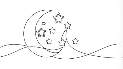 Continuous Line Drawing of Moon and Stars
