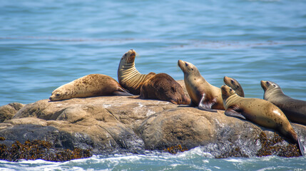 Group of Sea Lions Resting on Coastal Rocks by the Ocean