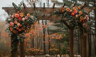 Wooden frames with floral arrangements creating a rustic wedding backdrop