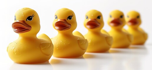 A line of five yellow rubber duckies arranged in a row.