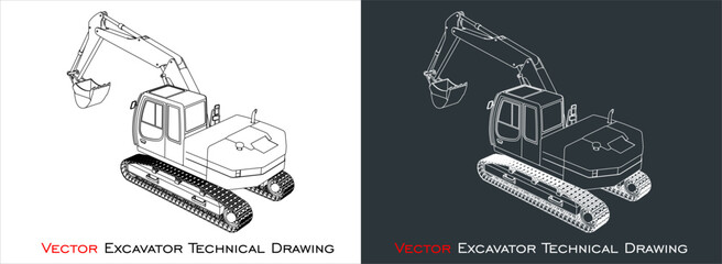 Excavator  technical drawing vector 3d  isolated on white background. industrial machinery, mining concept illustration, Construction, building, heavy machine,  © WINDERFULL STUDIO