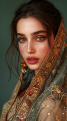 Woman Portrait with Green Eyes and Brown Hair in Green Sari
