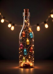 Colorful glass bottle filled with string lights, creating a vibrant and whimsical visual effect against a dark background