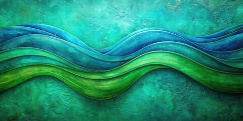 Abstract waves in shades of blue and green on a textured green background, , abstract, blue, green, waves, texture, background