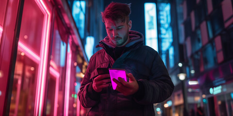 Obraz premium A male using smartphone standing on the night city street full of neon light. 