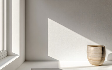 Interior design composition in beige colors with a large window providing natural lighting to the room interiors creating shadows. Minimalist interiors with minimal decoration.