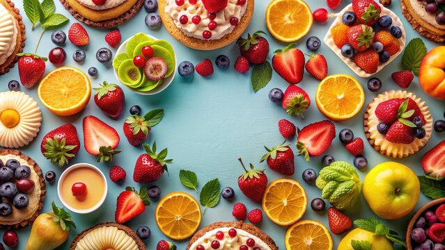 Colorful background with an array of fruits and cakes, fruits, cakes, dessert, sweet, colorful, vibrant, party