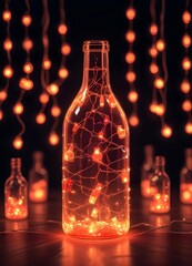 Colorful glass bottle filled with string lights, creating a vibrant and whimsical visual effect against a dark background