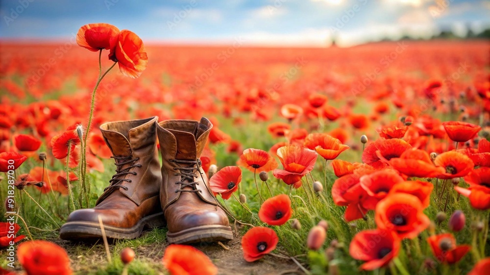 Poster a field of scarlet remembrance: poppies and empty boots generative ai