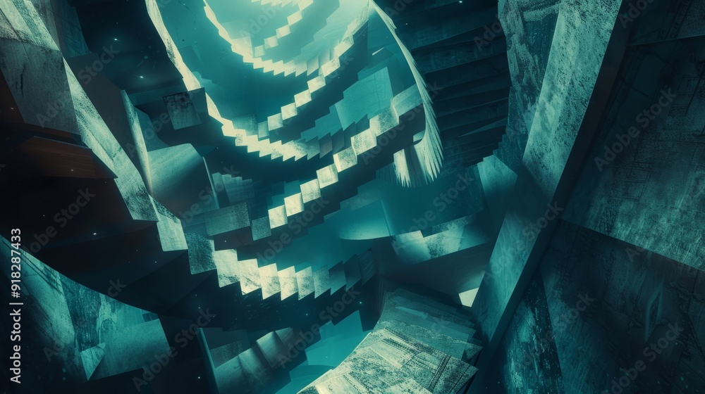 Poster a surreal staircase that twists through a network of floating geometric tunnels and glowing pathways