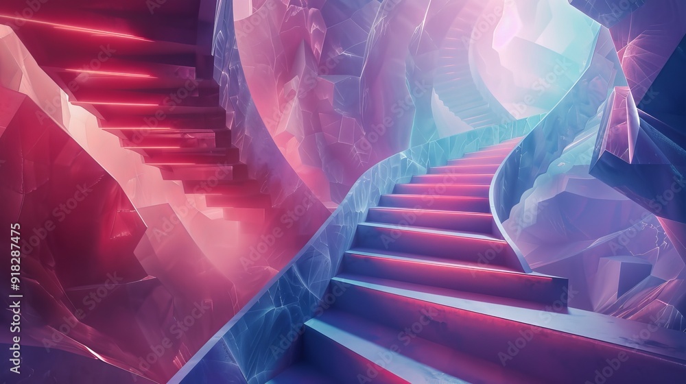 Poster a surreal staircase that twists through a network of floating geometric tunnels and glowing pathways