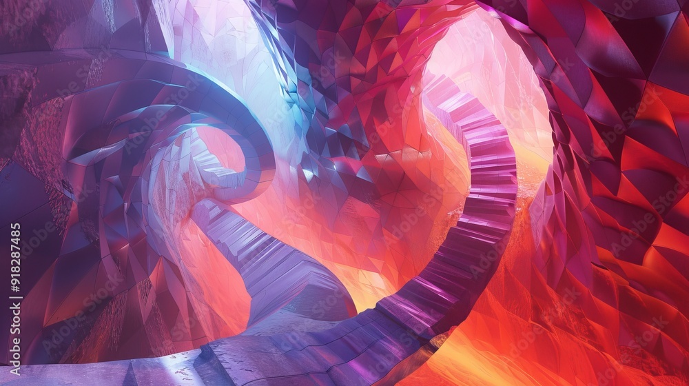 Poster a surreal staircase that twists through a network of floating geometric tunnels and glowing pathways