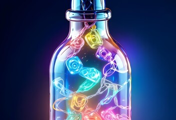 Colorful glass bottle filled with string lights, creating a vibrant and whimsical visual effect against a dark background