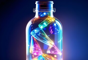 Colorful glass bottle filled with string lights, creating a vibrant and whimsical visual effect against a dark background