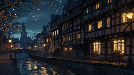 Obraz premium A nighttime view of Strasbourg's Petite France, with charming half-timbered houses and streetlights