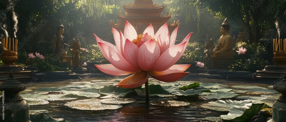 Poster Lotus Flower Temple Garden Buddhism, Hinduism Religion Spiritual Symbol - Generative AI