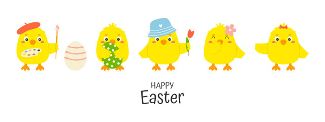 Cute easter yellow chick character set with Happy Easter lettering phrase. Funny baby chickens in various poses. Little baby farm birds collection. Hand drawn vector illustration.