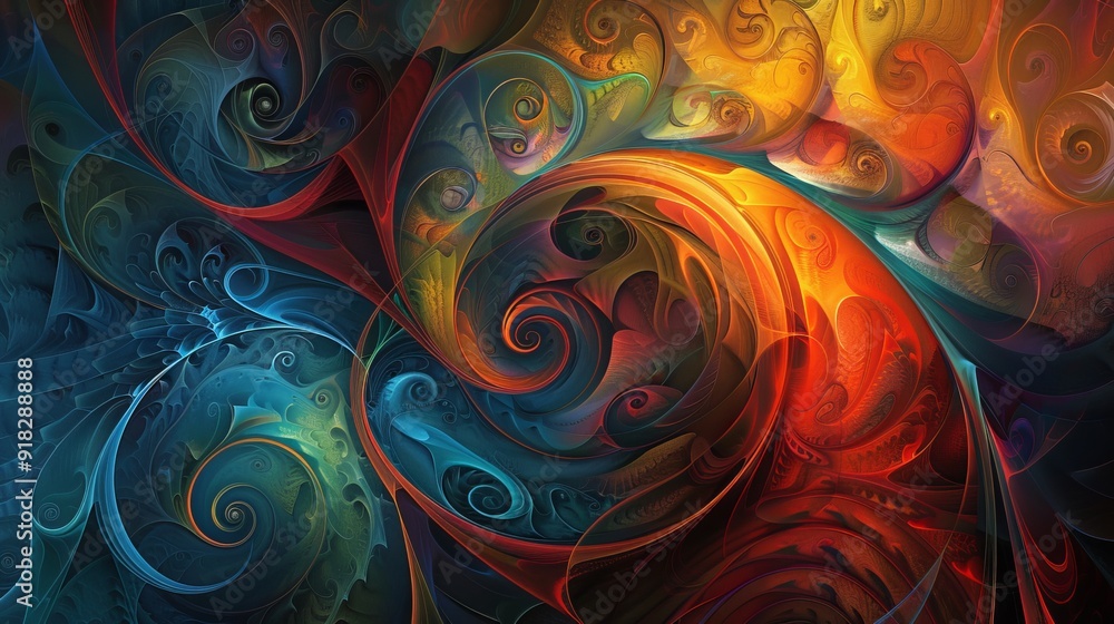 Poster colorful swirling abstract design showcasing intricate patterns and vibrant hues in a blend of red, 