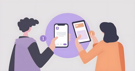 illustration of an online bill ornaments people holding phones to pay bills on their mobile phones with digital money, vector graphics, flat illustrations, minimalism.