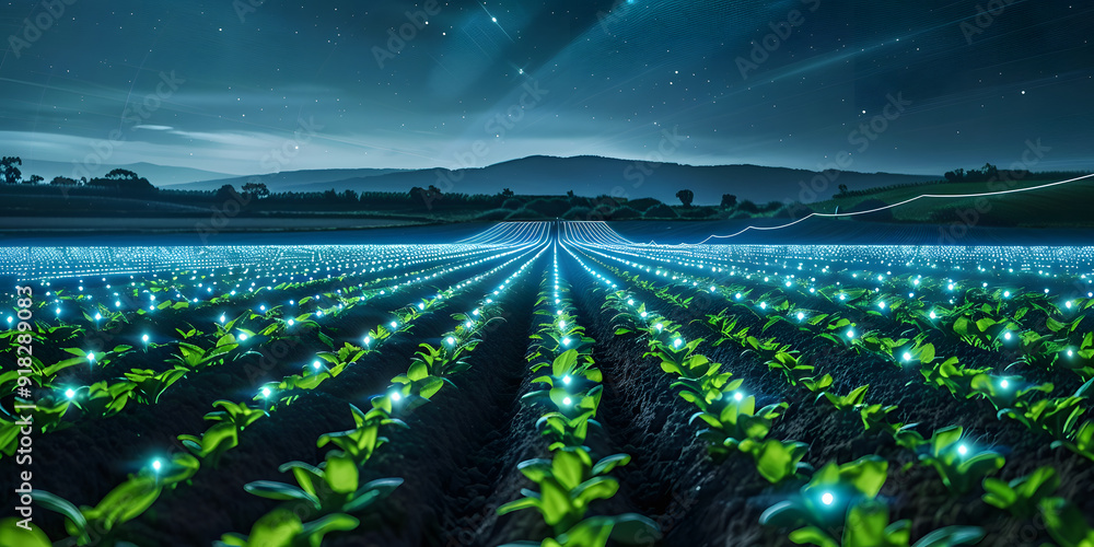 Poster nighttime view of smart farm with digital grid overlay enhancing crop rows. concept smart farming, d