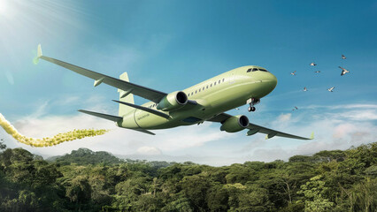 Green energy powers a eco-friendly plane soaring through a verdant canopy. Generated ai
