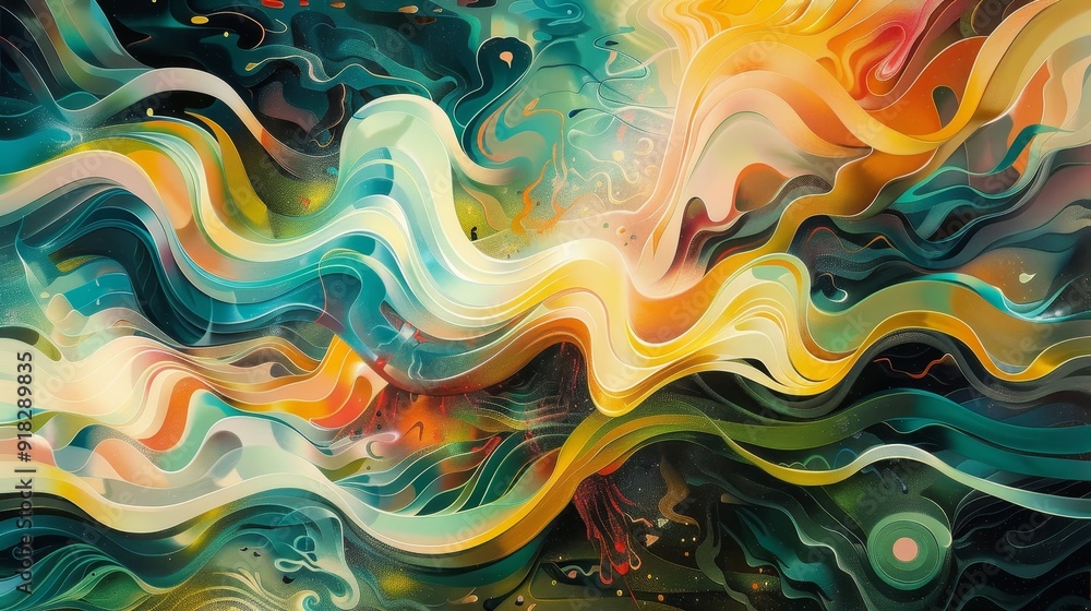 Poster abstract swirl of vibrant colors resembling cosmic phenomena with fluid dynamics