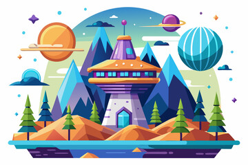 Fototapeta premium Futuristic Tower on a Floating Island in a Cartoon Space Landscape