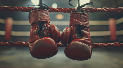 A pair of boxing gloves hanging in an empty boxing ring