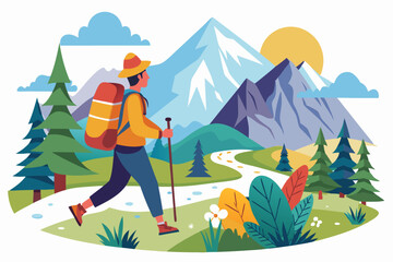 Fototapeta premium A hiker with a backpack walks along a mountain path with a view of snowy peaks