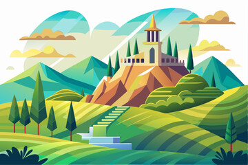 Obraz premium A Mountaintop Castle with a Stairway Leading Down to a Green Valley