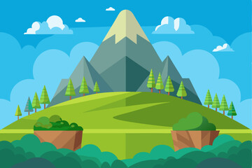Fototapeta premium Flat Illustration of a Mountain Landscape with Green Trees and Bushes