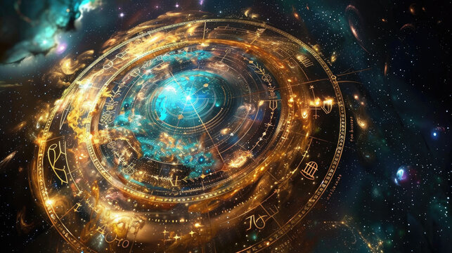 Abstract luxury Zodiac signs on astrological wheel on background of dark sky with galaxy and stars. Theme of astrology, horoscope, mystery, space, fantasy,