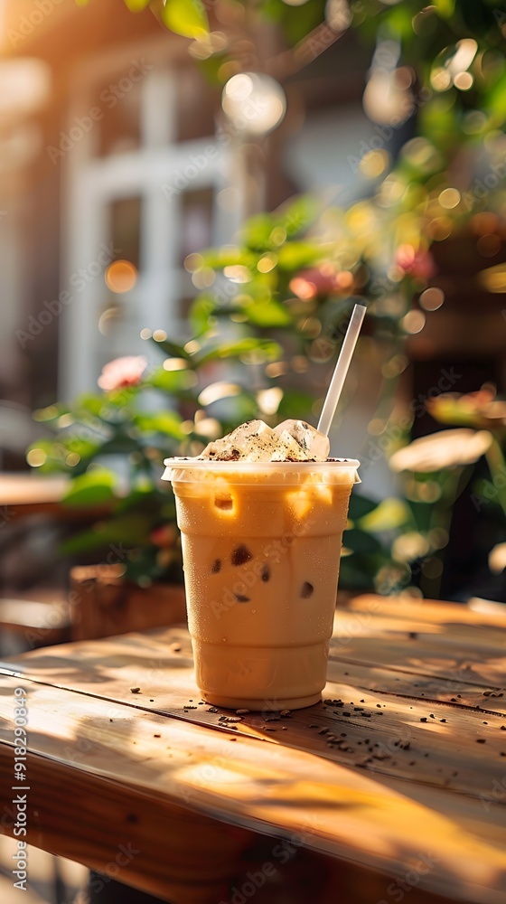 Poster Refreshing Iced Latte on Wooden Table in Sunny Garden with Copy Space