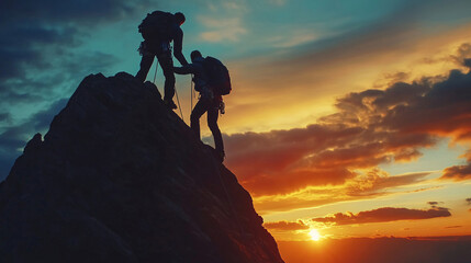 Hiker helping friend reach the mountain top
