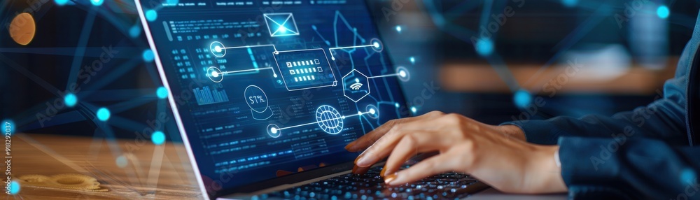 Poster a close-up view of hands typing on a laptop displaying digital data, symbolizing technology and inno