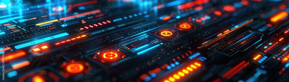 Poster a vibrant digital interface showcasing glowing circuits and colorful elements in a futuristic design