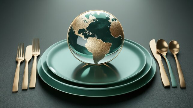 Cute glass globe on green plate with cutlery, minimalist style, aesthetic photography - Powered by Adobe