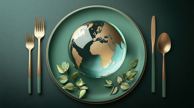 Cute glass globe on green plate with cutlery, minimalist style, aesthetic photography