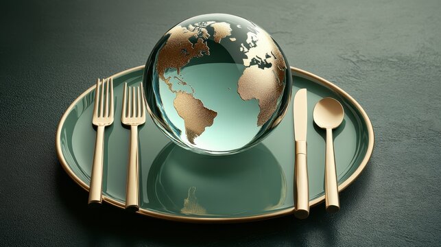 Cute glass globe on green plate with cutlery, minimalist style, aesthetic photography