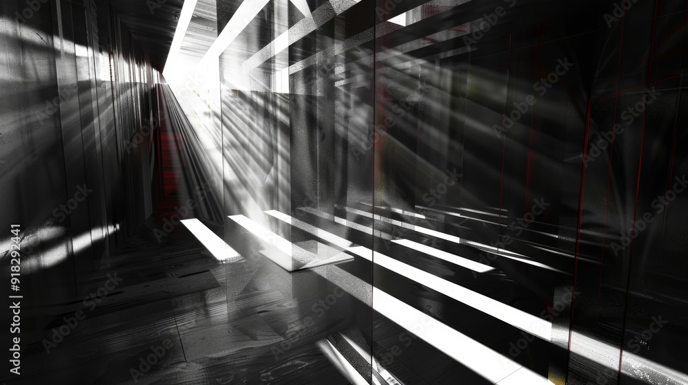 Poster light beams streaming through a dark corridor at midday, creating striking contrasts of shadows and 