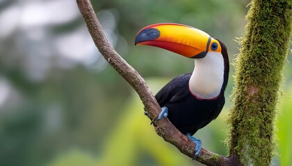 Fototapeta premium A toucan perched on a green branch, sporting a vibrant, colored beak